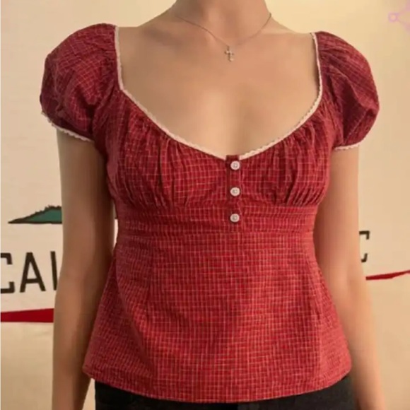 COPY - Brandy Melville red Gingham Plaid Button Top - Picture 1 of 1